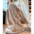 サイドフリンジ ワイドニットパンツ 韓国 フリンジサイドラインニットパンツ リブ ニット ワイド ストレート レディース