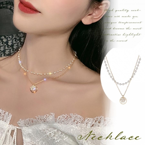 2連 チョーカーネックレス レディース ショート チェーンネックレス フェイクパールアクセサリー おしゃれ ゴールド【ゆうパケット可】